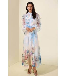 Long-sleeved dress with 3D floral ruffles