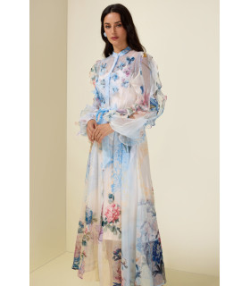 Vestido manga larga con volantes florales en 3D