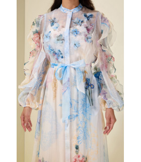 Vestido manga larga con volantes florales en 3D