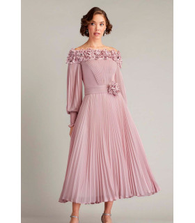 Pleated dress with off-the-shoulder design and 3D flowers at the neckline