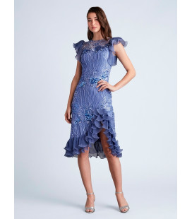 Dress with a closed round neckline, sleeves and asymmetrical hem with ruffles