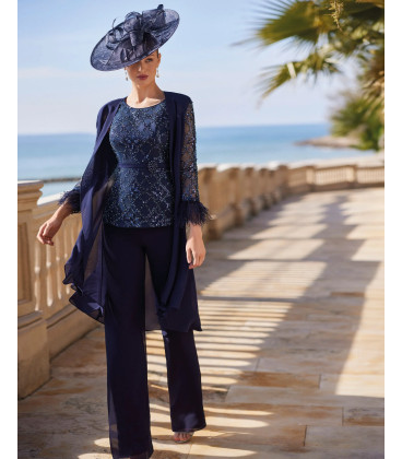 3-piece set, with rhinestone blouse and jacket with feather cuffs