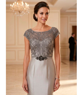 Mermaid style dress with lace bodice and short sleeves