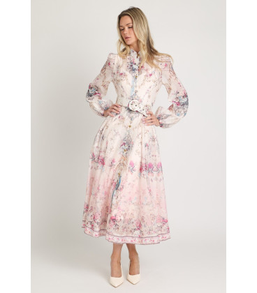 Vestido de organza con estampado floral y mangas largas