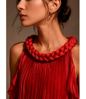 Dress with braid at the neckline and ruffled sleeves