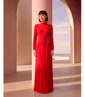 Vestido de cuello alto con mangas largas y botones en forma de flor