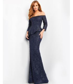 Off-the-shoulder lace dress.
