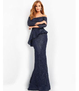 Off-the-shoulder lace dress.