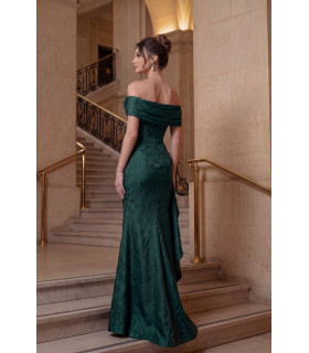 Long off-the-shoulder dress.