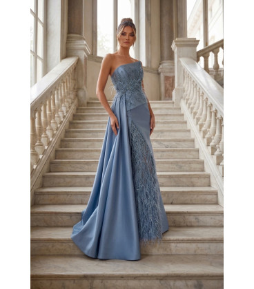 Strapless Long Dress with Feathers and Sparkles.