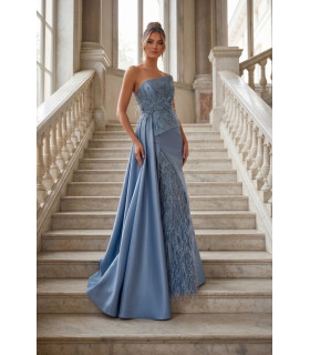 Strapless Long Dress with Feathers and Sparkles.