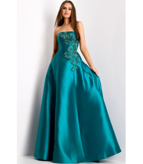 Long A-Line Dress with Floral Appliqués.