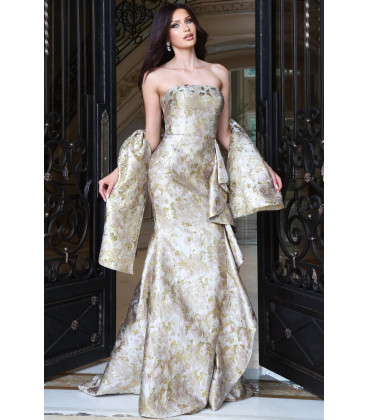 Brocade Dress with Side Ruffle Detail.