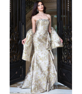 Brocade Dress with Side Ruffle Detail.
