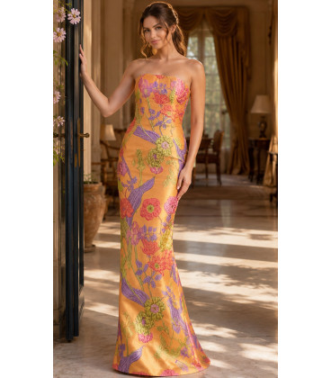 Floral Strapless Fitted Dress.