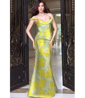 Vestido de Sirena Floral Off-Shoulder.