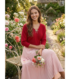 Women's Red V-Neck Sweater with Sparkling Bow.