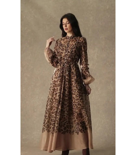 Long Dress with Leopard Print and Leaf Appliques.