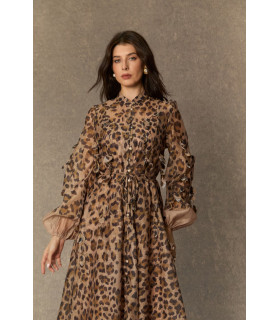 Long Dress with Leopard Print and Leaf Appliques.