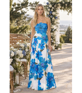 Vestido Largo Strapless Floral Azul y Blanco