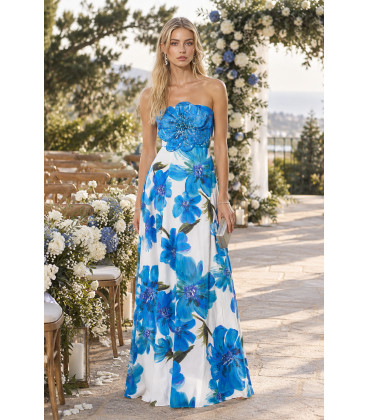 Vestido Largo Strapless Floral Azul y Blanco