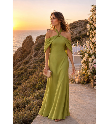 Long Satin Off-the-Shoulder Dress with Jewel Detail.