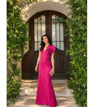Satin Maxi Dress with 3D Flower on Shoulder.